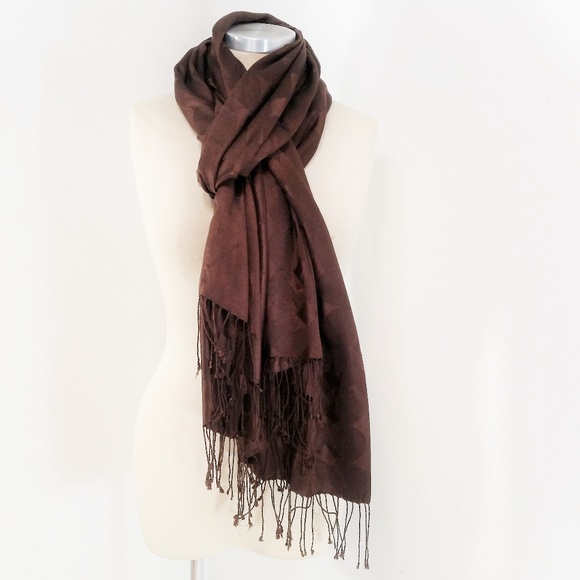Grandinroad Accessories - Giant Silk Scarf Fringe Brown Polka Dot Jacquard